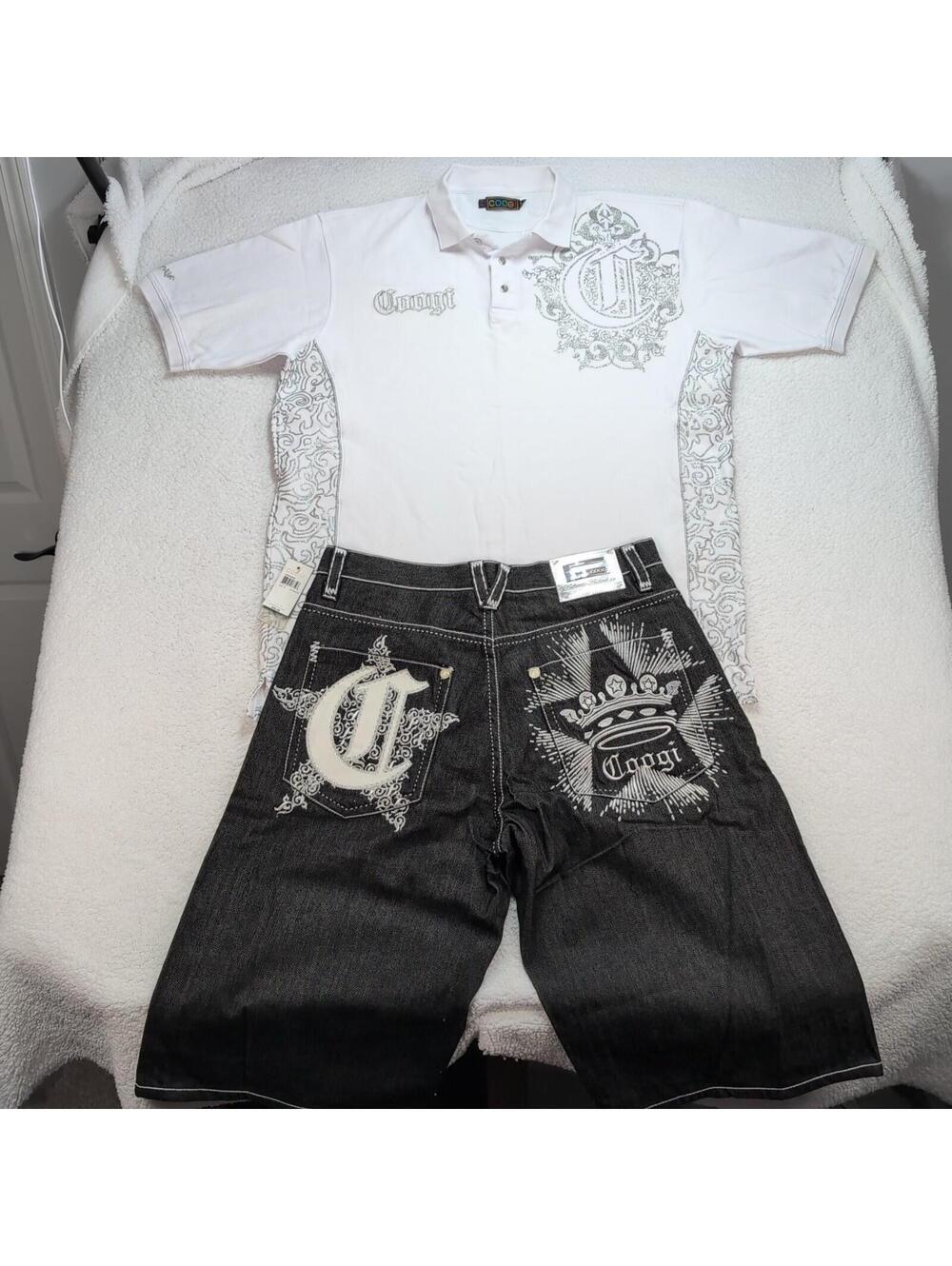 Coogi Jean Shorts Mens 38 Embroidered Back Logo Denim Bundle w/ 2XL Polo READ
